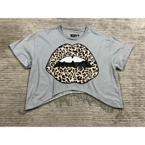 Kiss Top Womens Small Gray Cropped Metal Tassles Short Sleeve Cotton